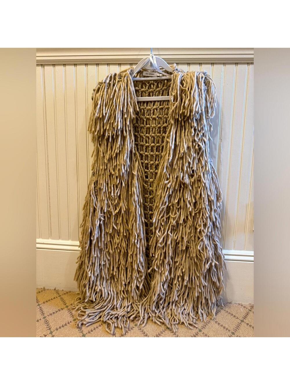 Blu Pepper camel colored long boho crocheted vest with layers of wool fringe L